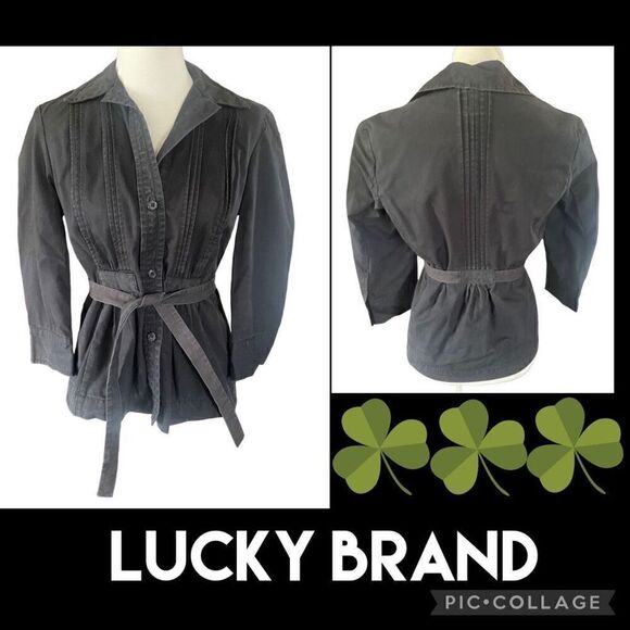 Lucky Brand Black Pleated Button Front 100% Cotton Lightweight Jacket with Belt - Picture 1 of 12